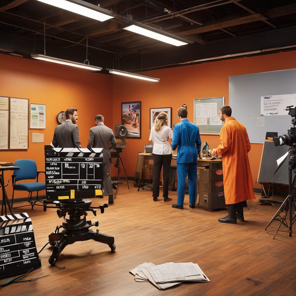 A dynamic film set scene showcasing a bustling adult film production in action, with crew members setting up equipment, actors in colorful costumes, and a large clapperboard prominently displaying the title 'Navigating Risks'. Surrounding the set are symbols of insurance such as contracts and protective shields, creatively integrated into the setting. The atmosphere is vibrant and energetic, highlighting the theme of professionalism amid the adult industry. super-realistic. vibrant colors. cinematic style.