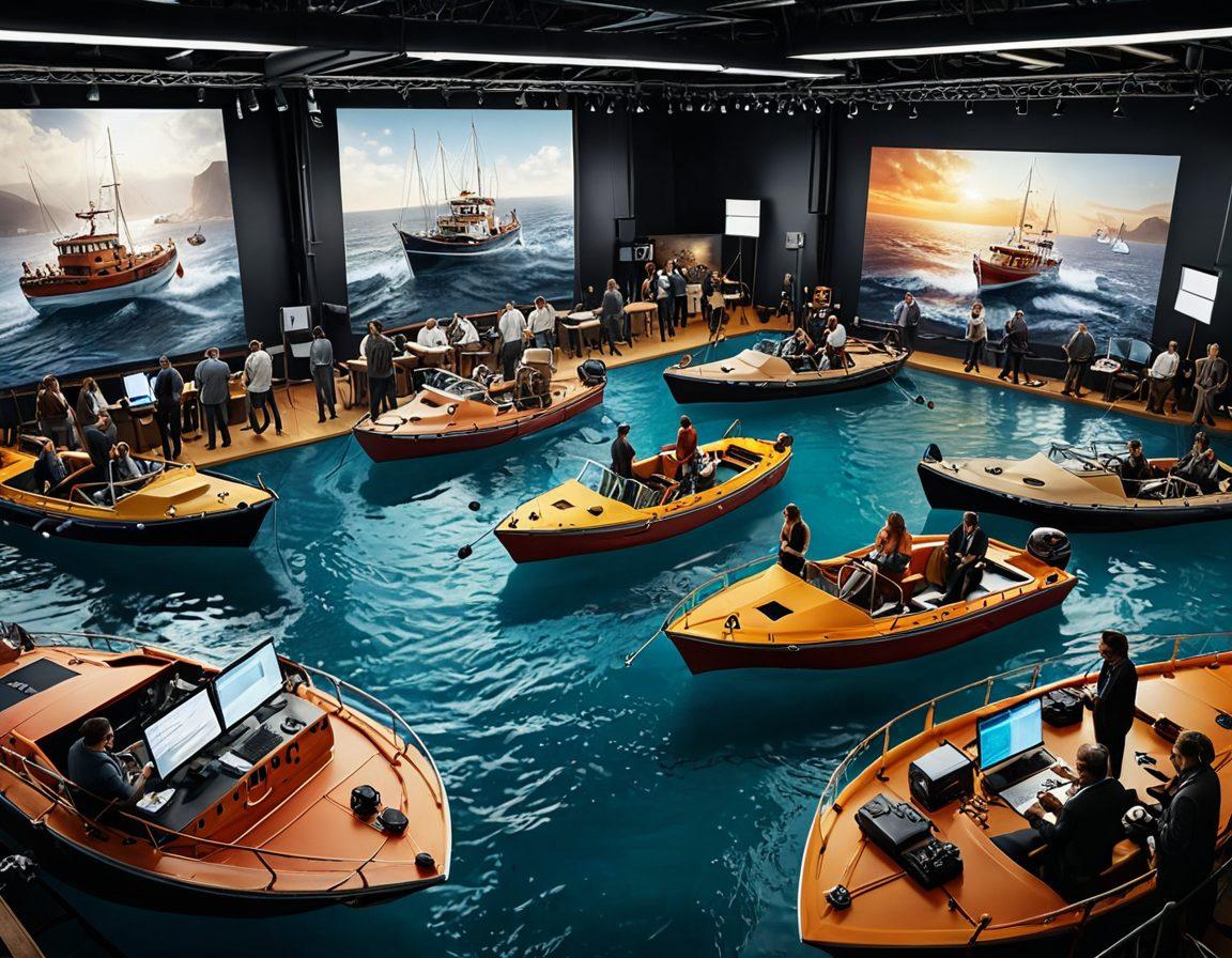 An intricate scene showing a diverse group of filmmakers on a film set surrounded by insurance-related elements like contracts, boats, and waves symbolizing industry waters. The backdrop includes a vibrant film studio with equipment and cameras. The atmosphere conveys strategy and teamwork, with charts and graphs in hand. Bright, warm colors to evoke creativity and professionalism. super-realistic. vibrant colors. 3D.