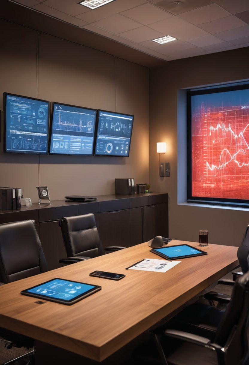 A sleek, modern office with a focus on risk management, featuring a diverse team of professionals discussing strategies around a digital tablet. In the background, visuals of graphs, statistics, and cybersecurity symbols illustrate the theme of safeguarding. Soft lighting creates a warm yet professional atmosphere, symbolizing trust and security in the adult entertainment industry. Incorporate elements like a security camera and a locked briefcase subtly placed in the scene. super-realistic. vibrant colors. modern design.